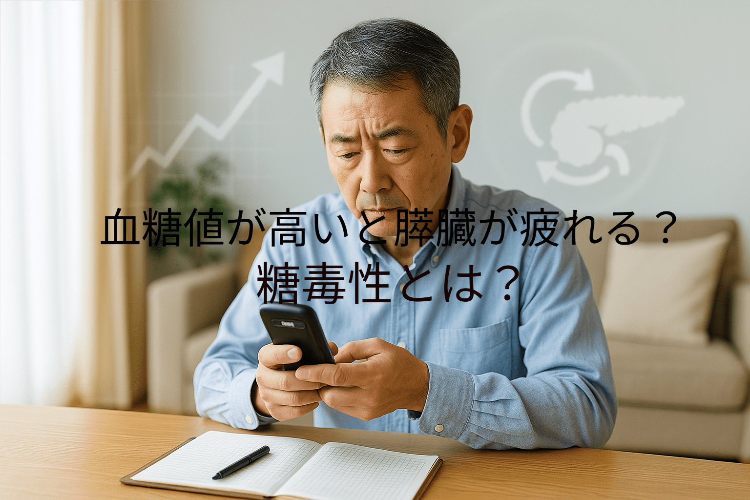 中年の日本人男性が自宅で血糖測定器を確認し、糖毒性や血糖の上昇を気にしている様子を示す画像|しもやま内科(船橋市)