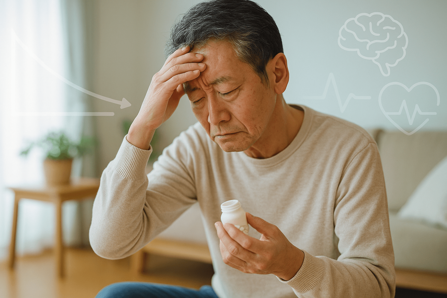 自宅で軽い低血糖の初期症状(冷や汗・ふらつき)に気づき、ブドウ糖タブレットを確認する中年日本人男性の写真|しもやま内科(船橋市)