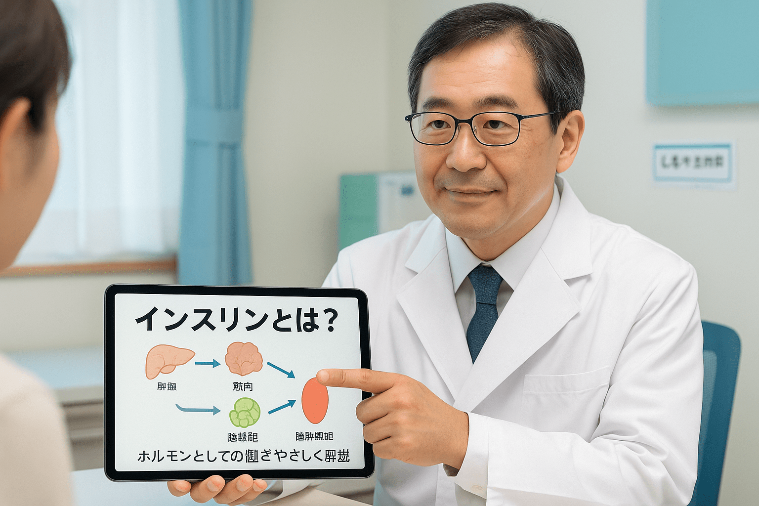 インスリンとは何かをタブレットの図で説明する糖尿病専門医（船橋市・しもやま内科）