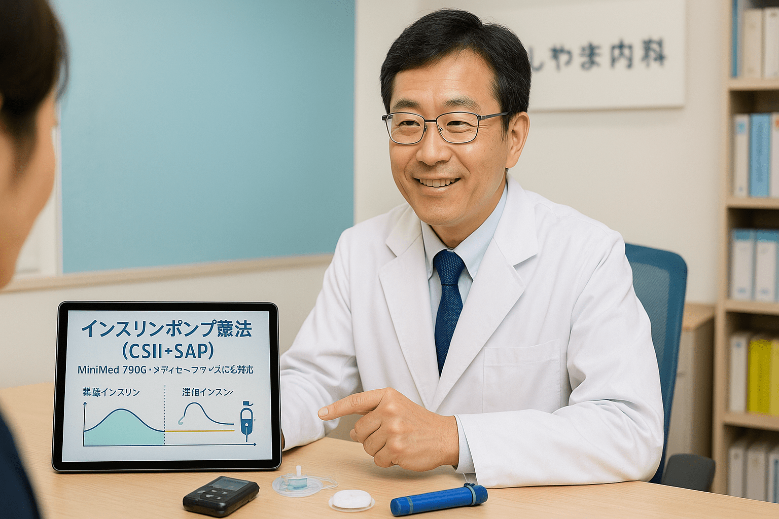 インスリンポンプ療法の選択肢（CSII・SAP）について説明する糖尿病専門医（船橋市・しもやま内科）