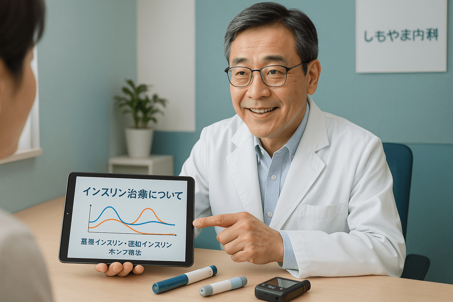 インスリン治療の選択肢（注射ペン・混合型インスリン・ポンプ療法）について説明する糖尿病専門医（船橋市・しもやま内科）