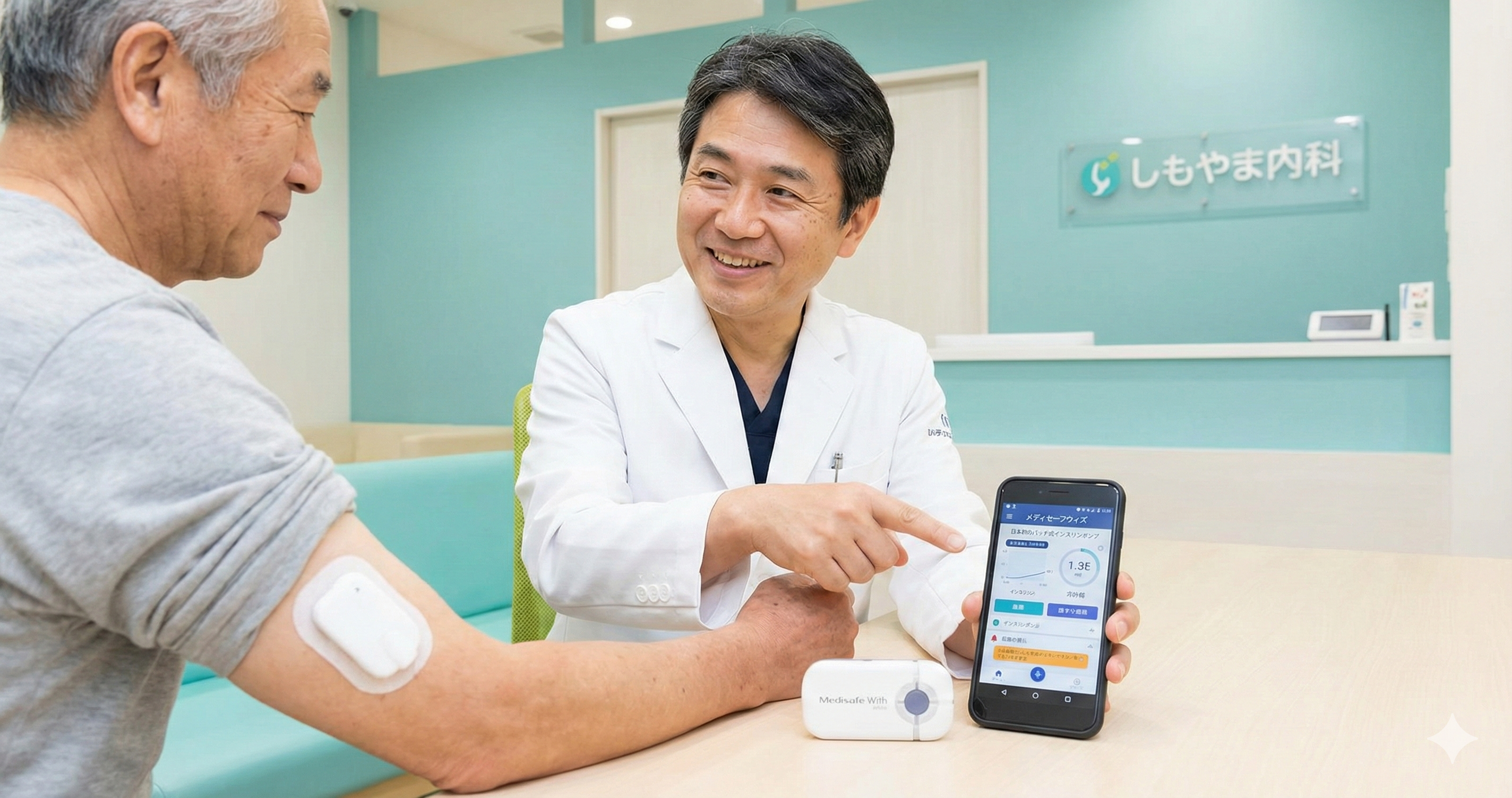 メディセーフウィズ（日本初のパッチ式インスリンポンプ）について説明する糖尿病専門医とパッチ型ポンプを装着した患者（船橋市・しもやま内科）