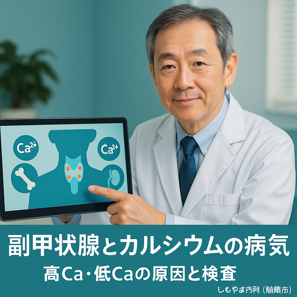 副甲状腺とカルシウムの関係を説明する日本人医師のイメージ（高カルシウム血症・低カルシウム血症の原因と検査）