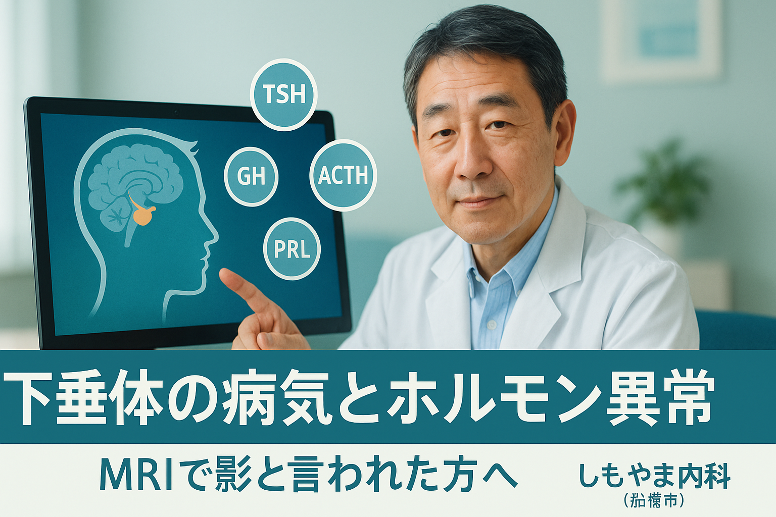 下垂体とホルモン異常について説明する日本人医師のイメージ（下垂体腺腫とホルモン精査）