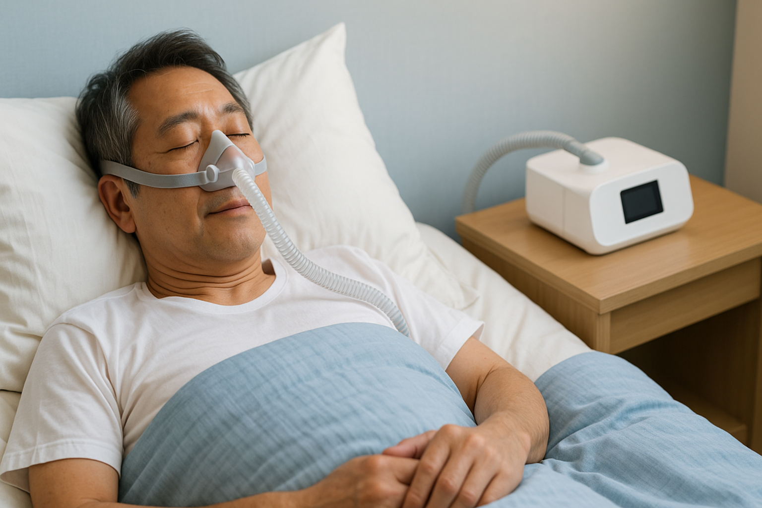 睡眠時無呼吸症候群（SAS）でCPAP（JPAP）治療を行う男性の写真イメージ｜しもやま内科（船橋市）