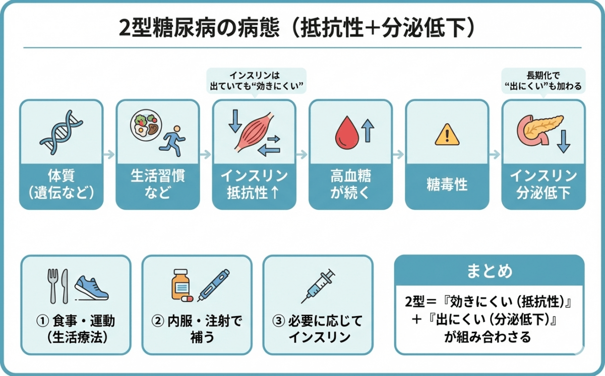 2型糖尿病の病態:体質・生活習慣→インスリン抵抗性→高血糖→糖毒性→インスリン分泌低下の流れを示す図