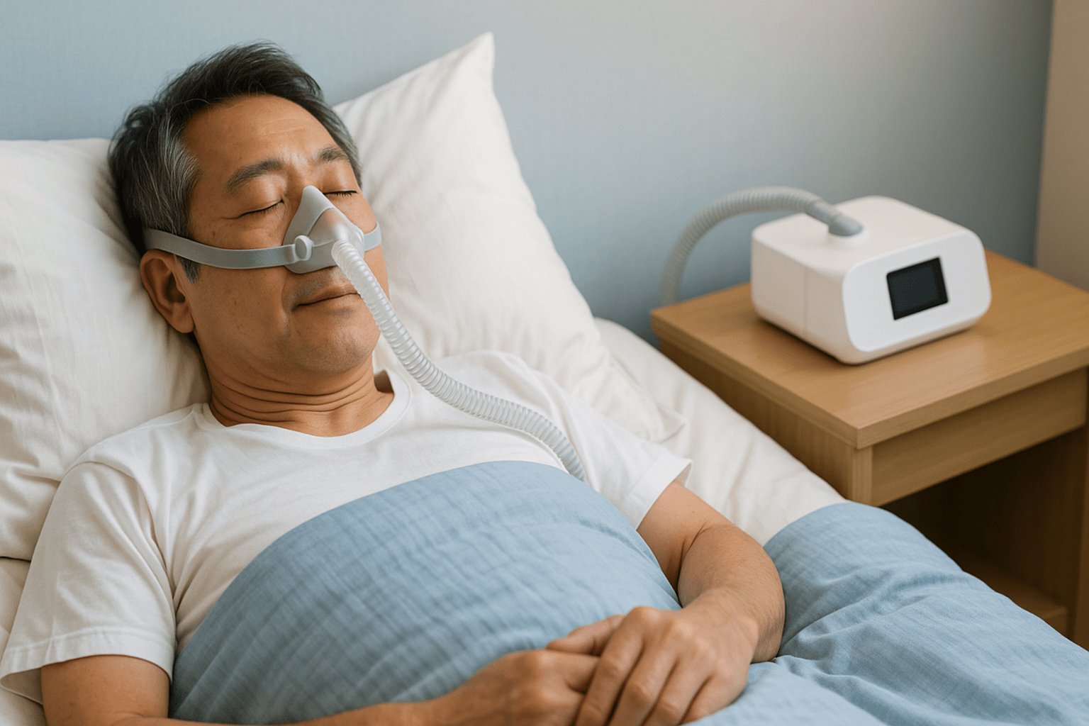 睡眠時無呼吸症候群（SAS）でCPAP（JPAP）治療を行う男性の写真イメージ｜しもやま内科（船橋市）