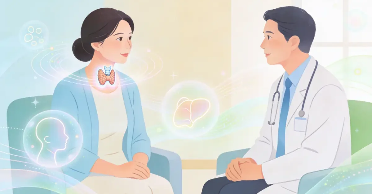 橋本病(慢性甲状腺炎)について、医師が女性患者に長期管理と治療を説明しているイメージ