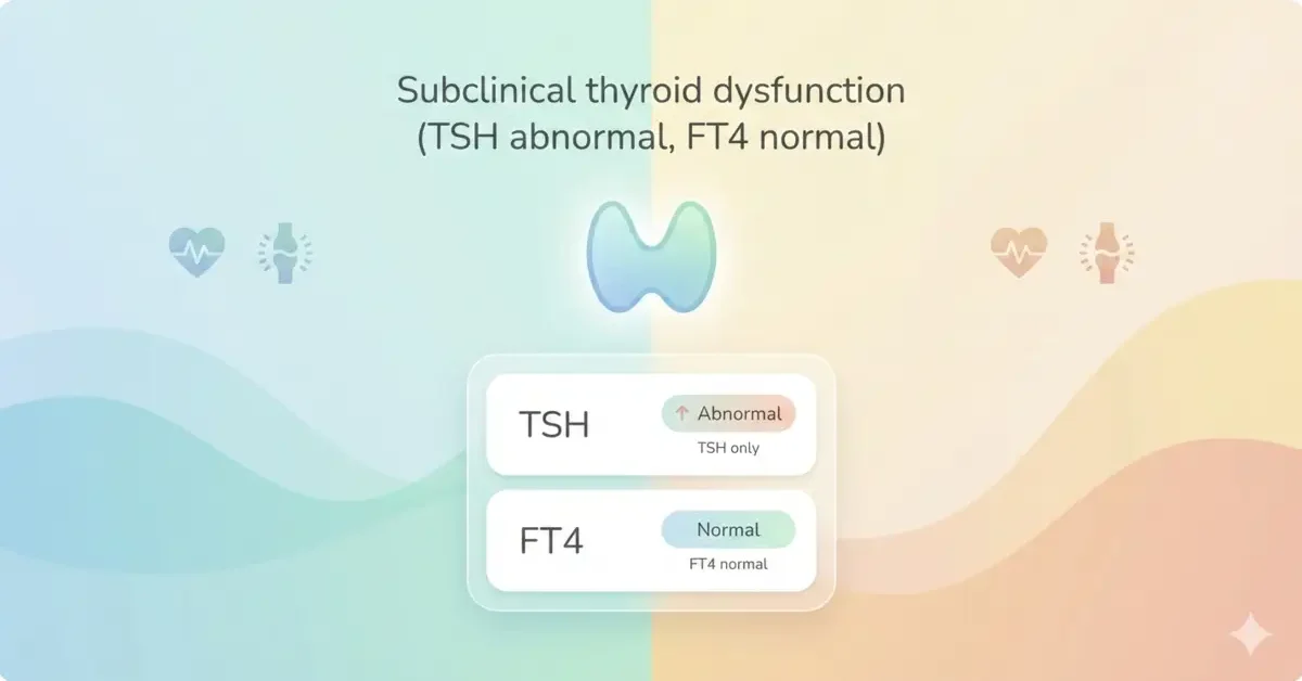 潜在性甲状腺機能異常（TSH異常・FT4正常）を示す検査結果と甲状腺のイラスト