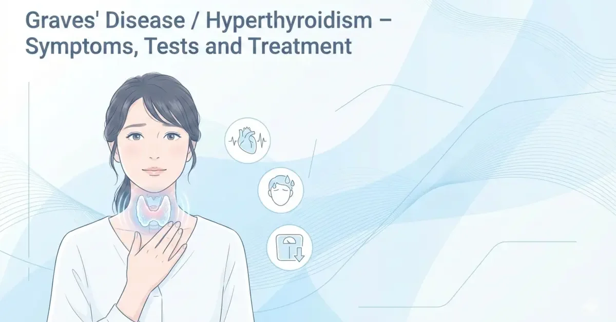 バセドウ病で首元の甲状腺に手を当てる若い女性と、甲状腺のイラストを組み合わせたアイキャッチ画像（バセドウ病解説ページ用）。