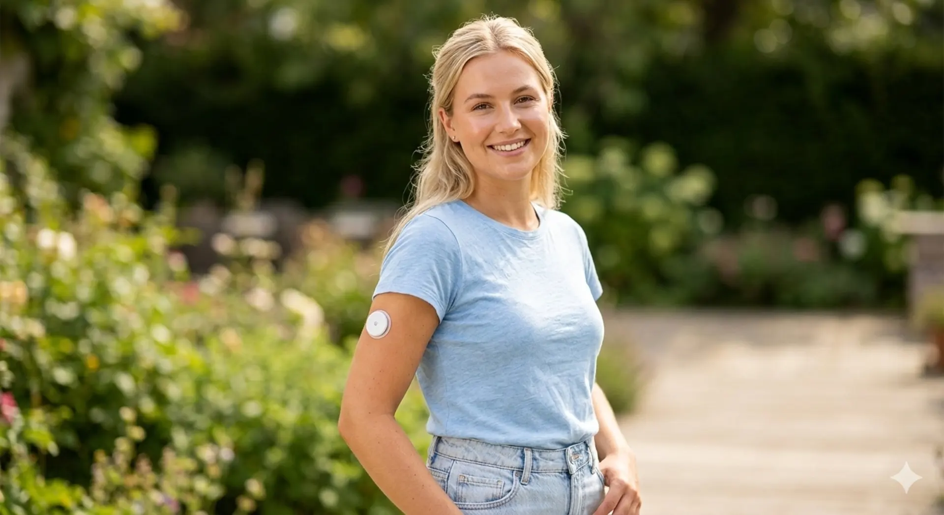 笑顔の女性が上腕にFreeStyle Libre CGMセンサーを装着し、糖尿病を前向きに管理している様子