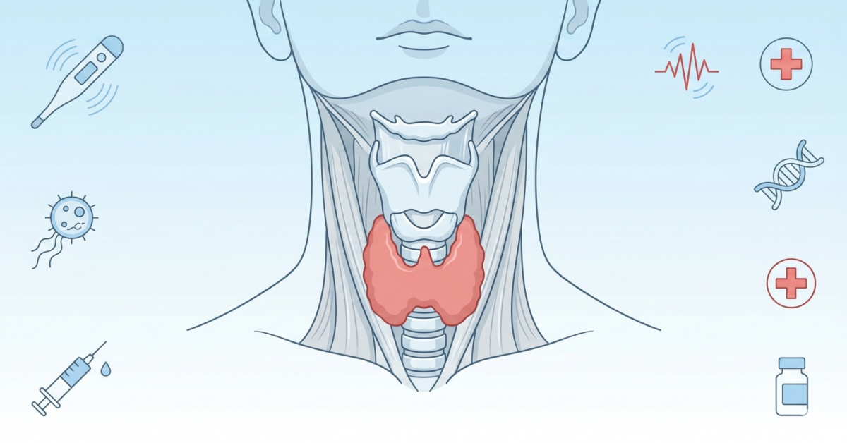 急性化膿性甲状腺炎の概念図｜高熱・頸部痛・細菌感染・抗菌薬治療を示す甲状腺の解剖図イラスト