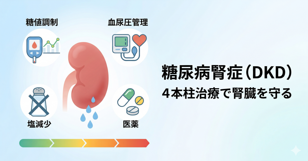 【アイキャッチ】糖尿病腎症(DKD):4本柱治療で腎臓を守る。腎臓の周りに血糖管理・血圧管理・減塩・腎保護薬のアイコン、下部に進行ステージバー