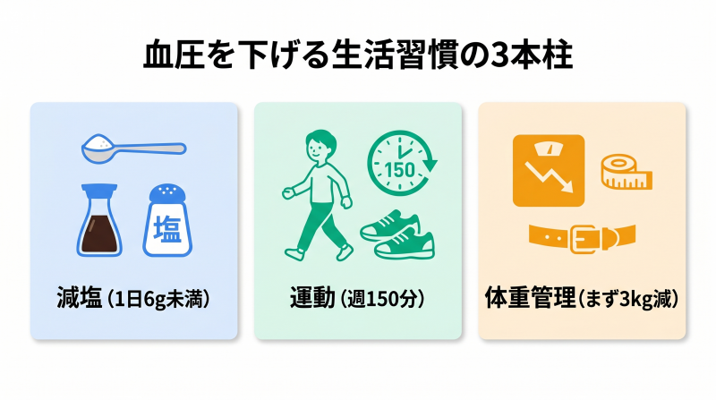 生活習慣改善の具体例（減塩・運動・体重管理）