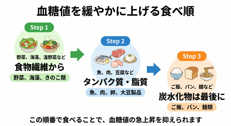 血糖値を上げにくい食べ順（ベジファースト）の図解