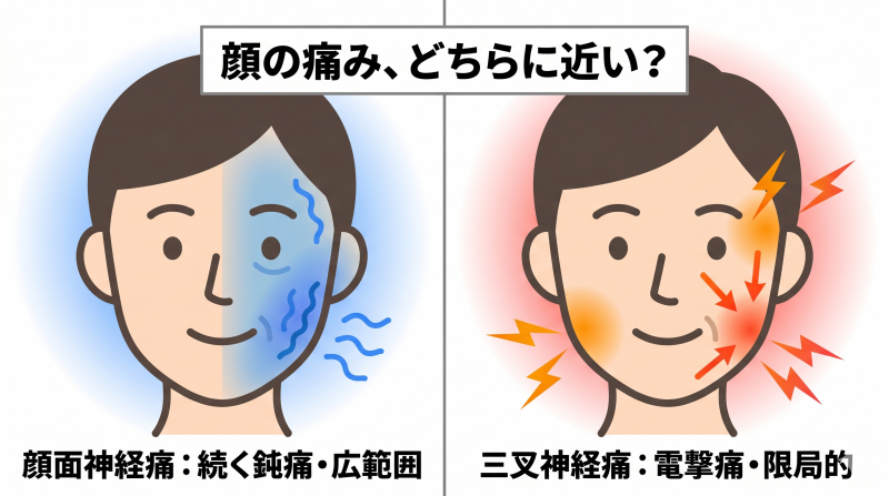 顔面神経痛と三叉神経痛の痛み方の違いを図解