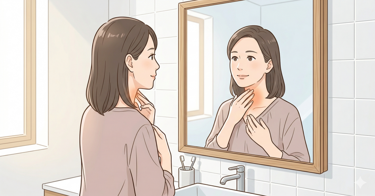 甲状腺セルフチェックの様子。鏡の前で女性が自分の首（甲状腺の位置）に優しく手を当てて確認している。しもやま内科。