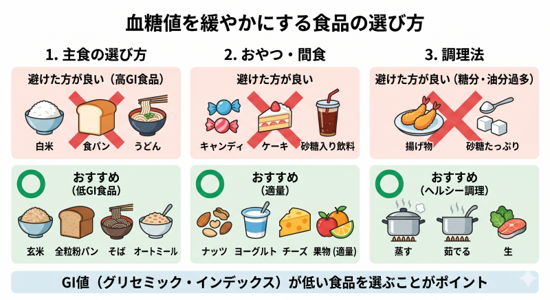 血糖値が上がりにくい食品（低GI食品）の例
