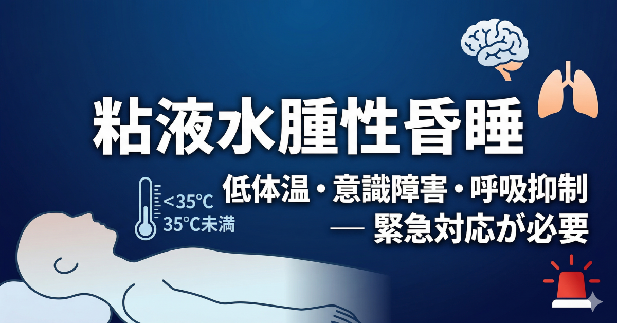 粘液水腫性昏睡のアイキャッチ画像。暗い青背景に「粘液水腫性昏睡」「低体温・意識障害・呼吸抑制 — 緊急対応が必要」の文字。横たわる患者のシルエット、体温計(35℃未満)、脳と肺の簡易アイコン、救急ランプが配置されている。