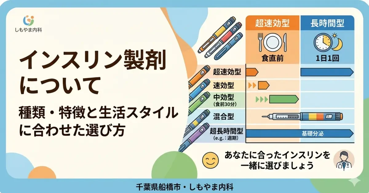 しもやま内科の「インスリン製剤について」の解説画像。インスリンペンのイラストと、超速効型や長時間型など各製剤の作用時間の違いを示す図解が描かれています。中央には「インスリン製剤について：種類・特徴と生活スタイルに合わせた選び方」というタイトルが記載されています。