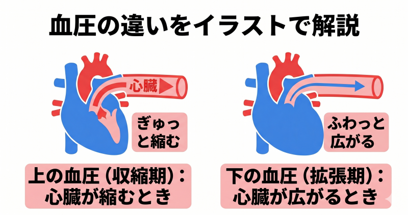 収縮期血圧と拡張期血圧の違いを示すイラスト