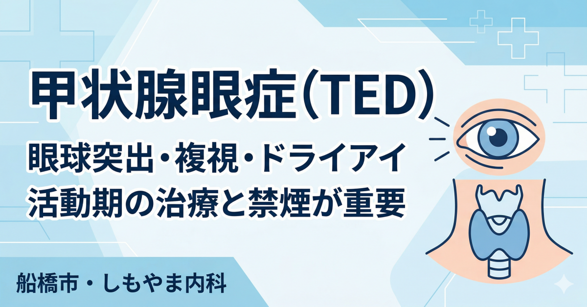 甲状腺眼症（TED）のアイキャッチ画像。眼球突出や複視などの症状と、活動期の治療・禁煙の重要性を解説。船橋市の甲状腺専門医・しもやま内科。