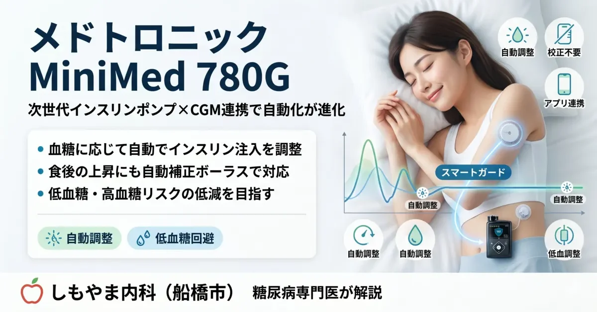 メドトロニック MiniMed 780Gの解説アイキャッチ画像。CGM連携によるインスリン自動調整機能(スマートガード)によって、夜間も安心して眠る女性のイメージと、特徴をまとめたテキスト。下部に「しもやま内科(船橋市)糖尿病専門医が解説」の文字。